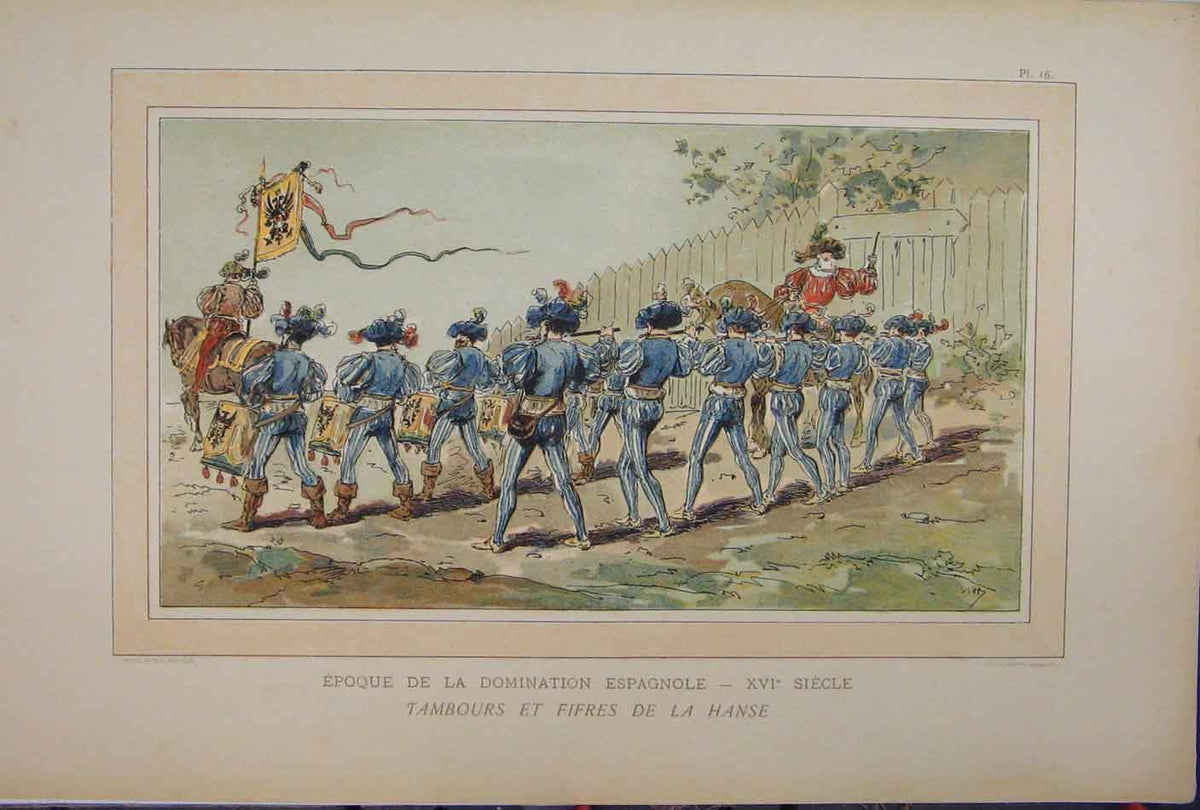 Original Old Antique Print Colour 1885 Siers Marching Drums Horse Music 19th