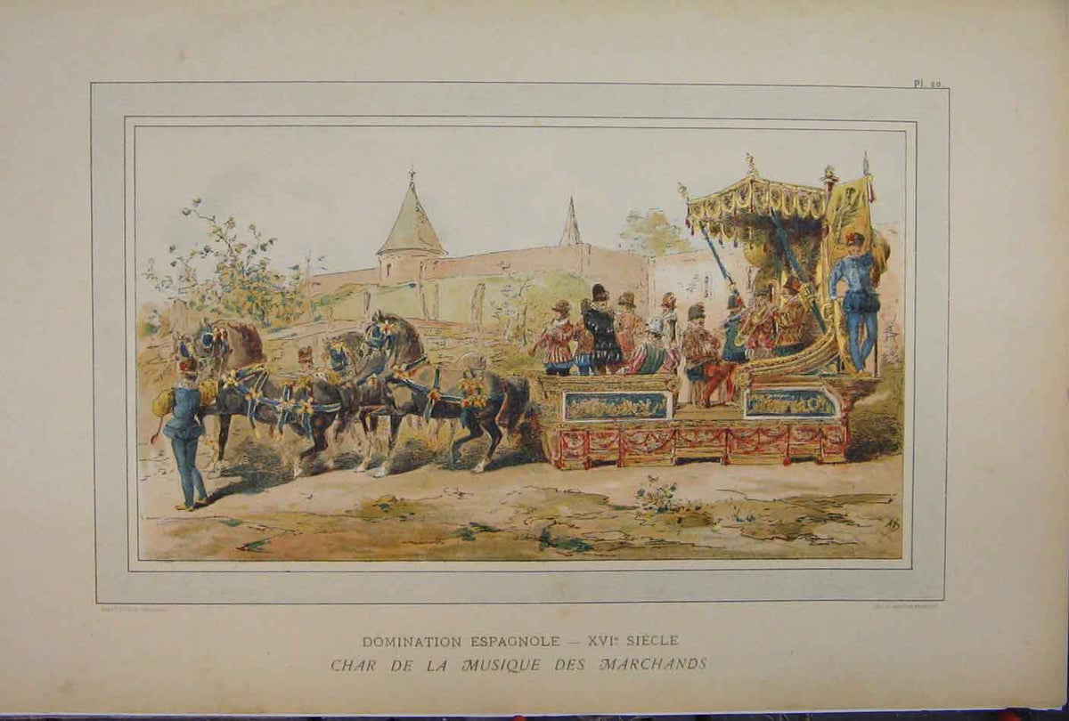 Original Old Antique Print Colour 1885 Horse Chariot Transport Brussells 19th