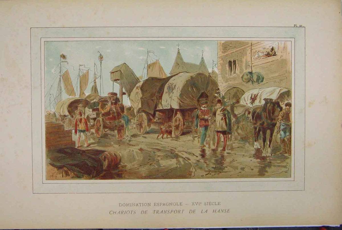 Original Old Antique Print 1885 Colour Chariots Transport Men Horses Victorian