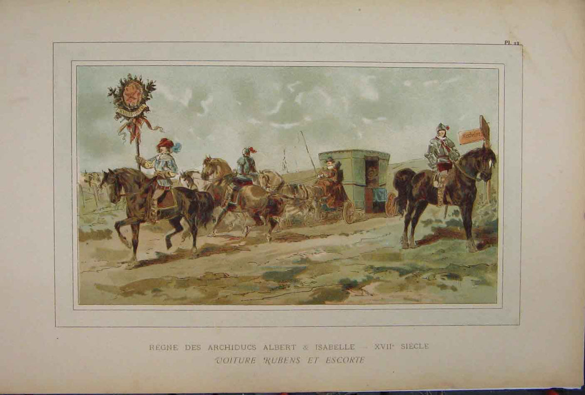 Original Old Antique Print Horses Carriage Albert Isabelle 1885 Colour March