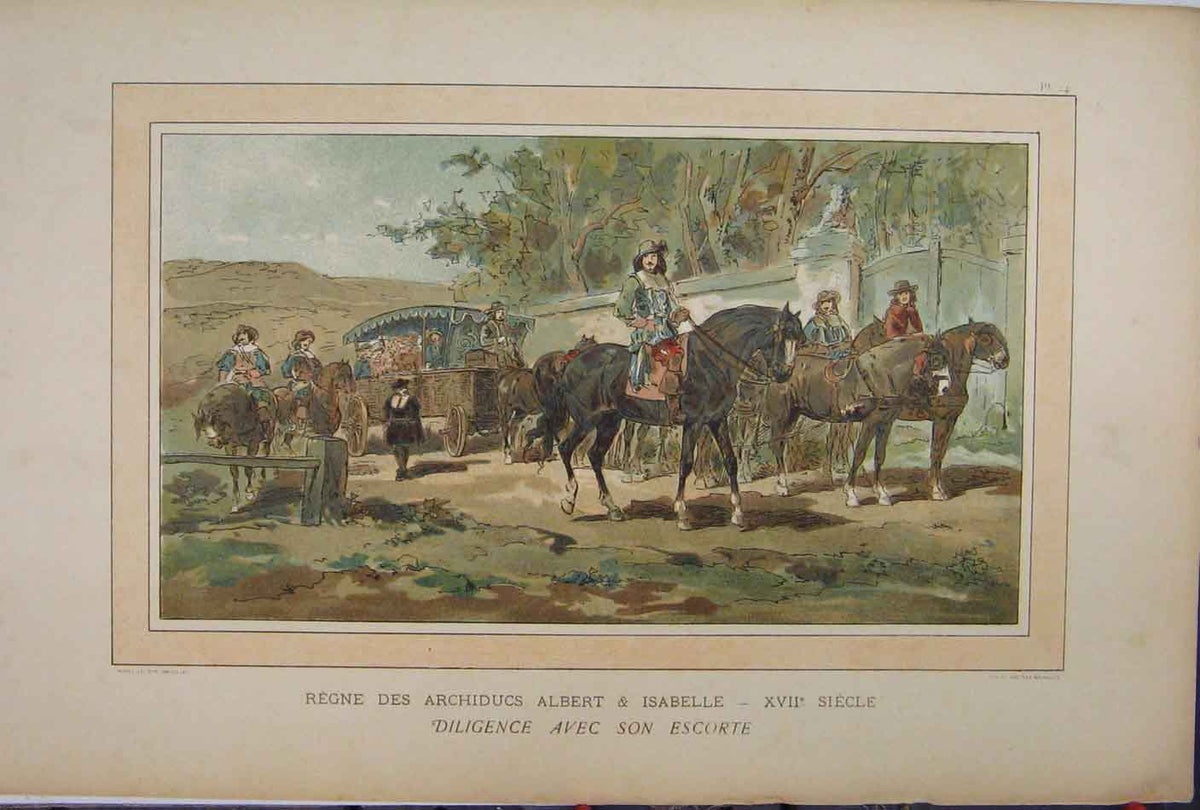 Original Old Antique Print 1885 Colour Horses Carriage Albert Isabelle Trees