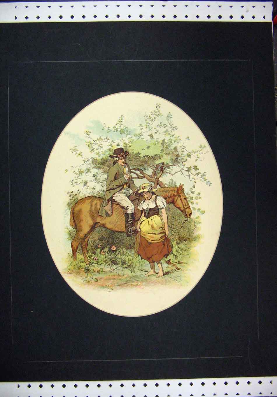 Original Old Antique Print Colour Man Horse Woman Romance Country Scene