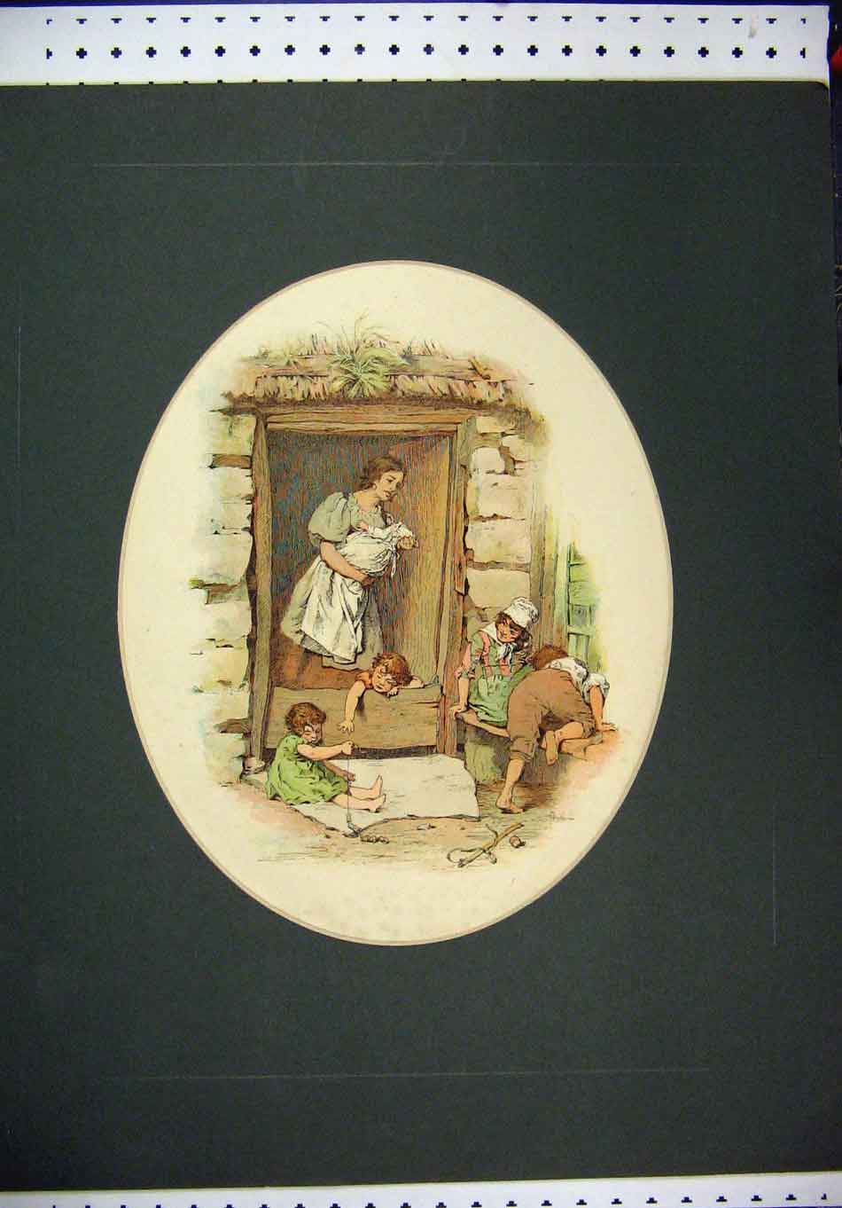 Original Old Antique Print Hand Coloured Woman Sitting Bucket Country Scene