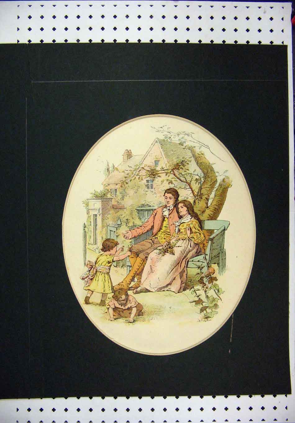 Original Old Antique Print Hand Colored Man Woman Children Romance Trees