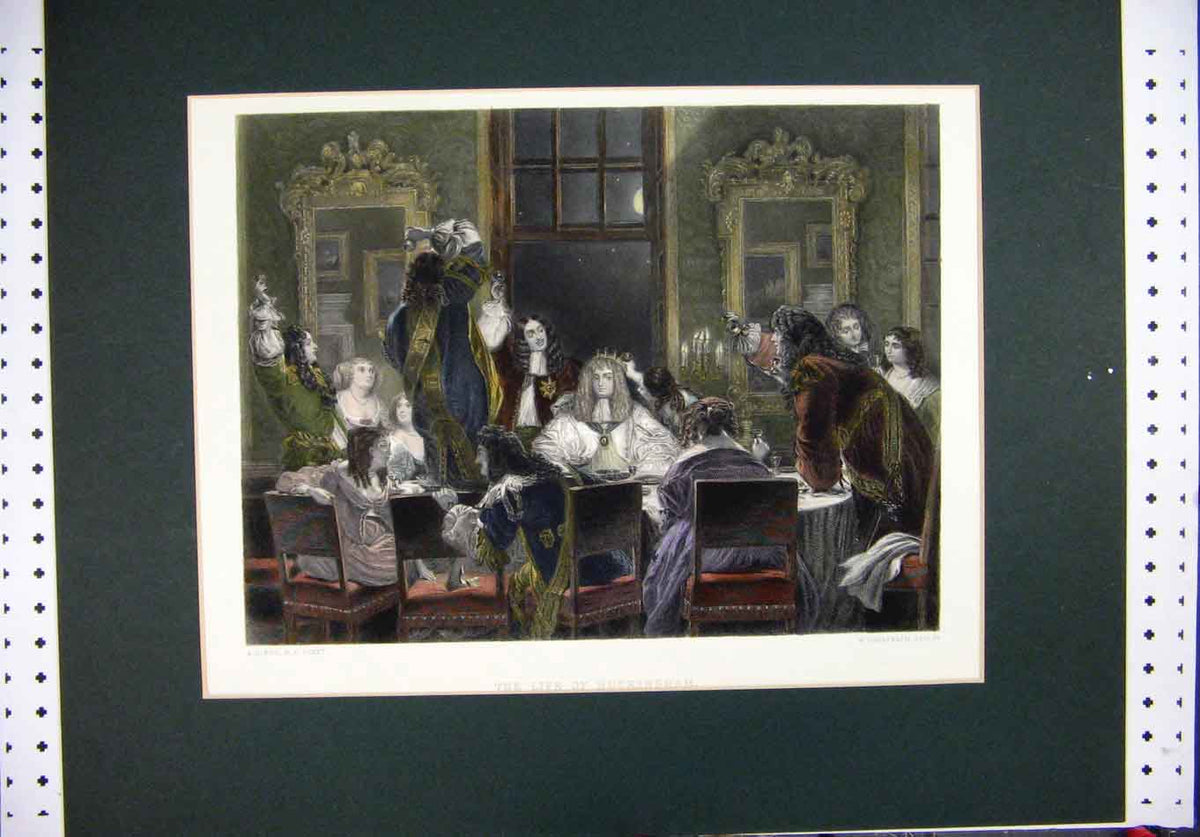Original Old Antique Print Mounted Colour Buckingham Dinner Time Greatbach