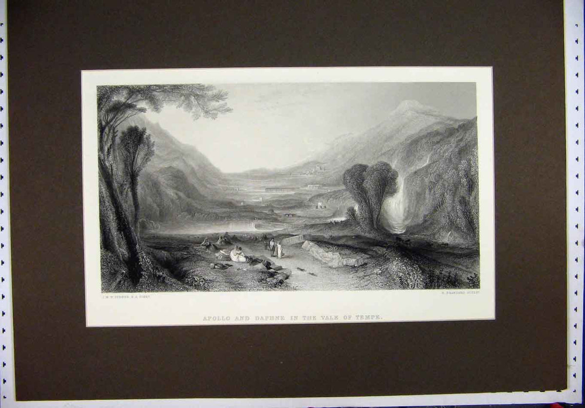 Original Old Antique Print C1870 Engraving Apollo Daphne Vale Temple Brandard