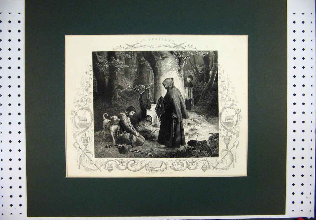 Old Antique Print Engraving Country Scene Lessing Payne Monk Boy Man Dog