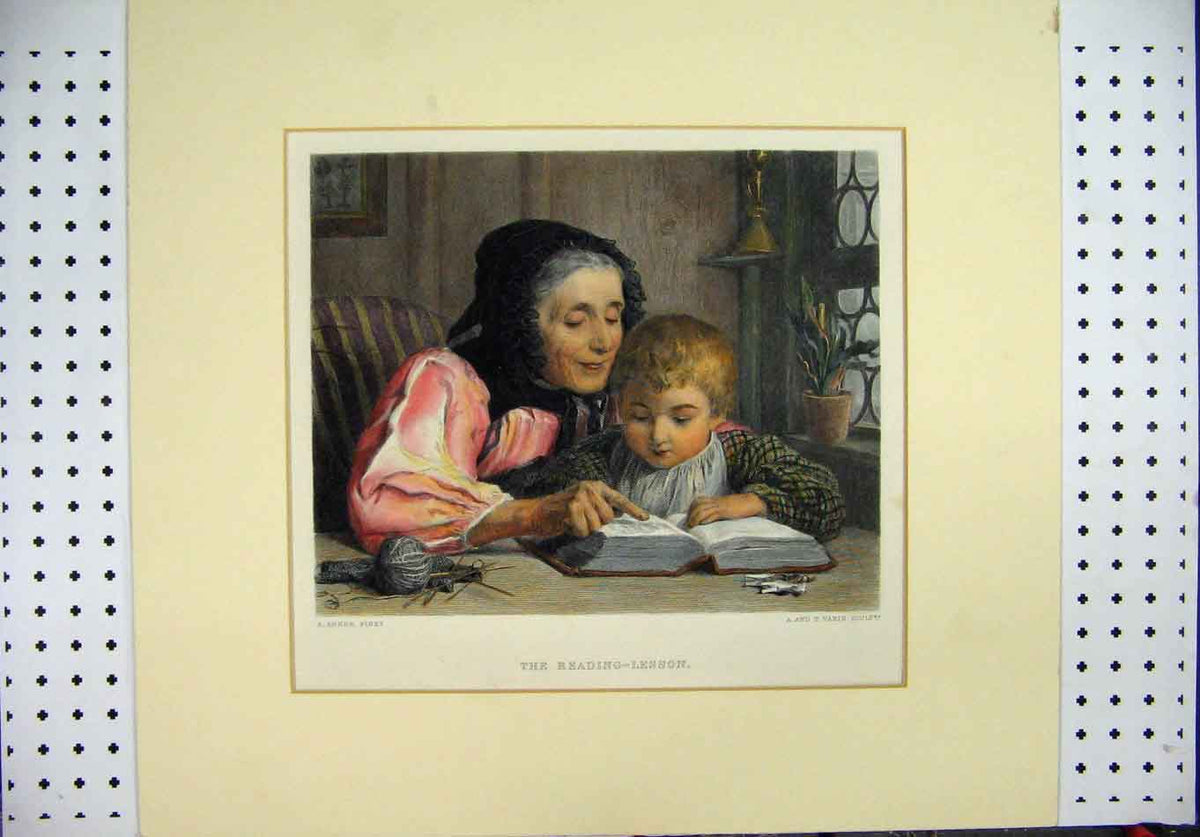 Original Old Antique Print Colour 1874 Woman Little Child Reading Lesson 19th