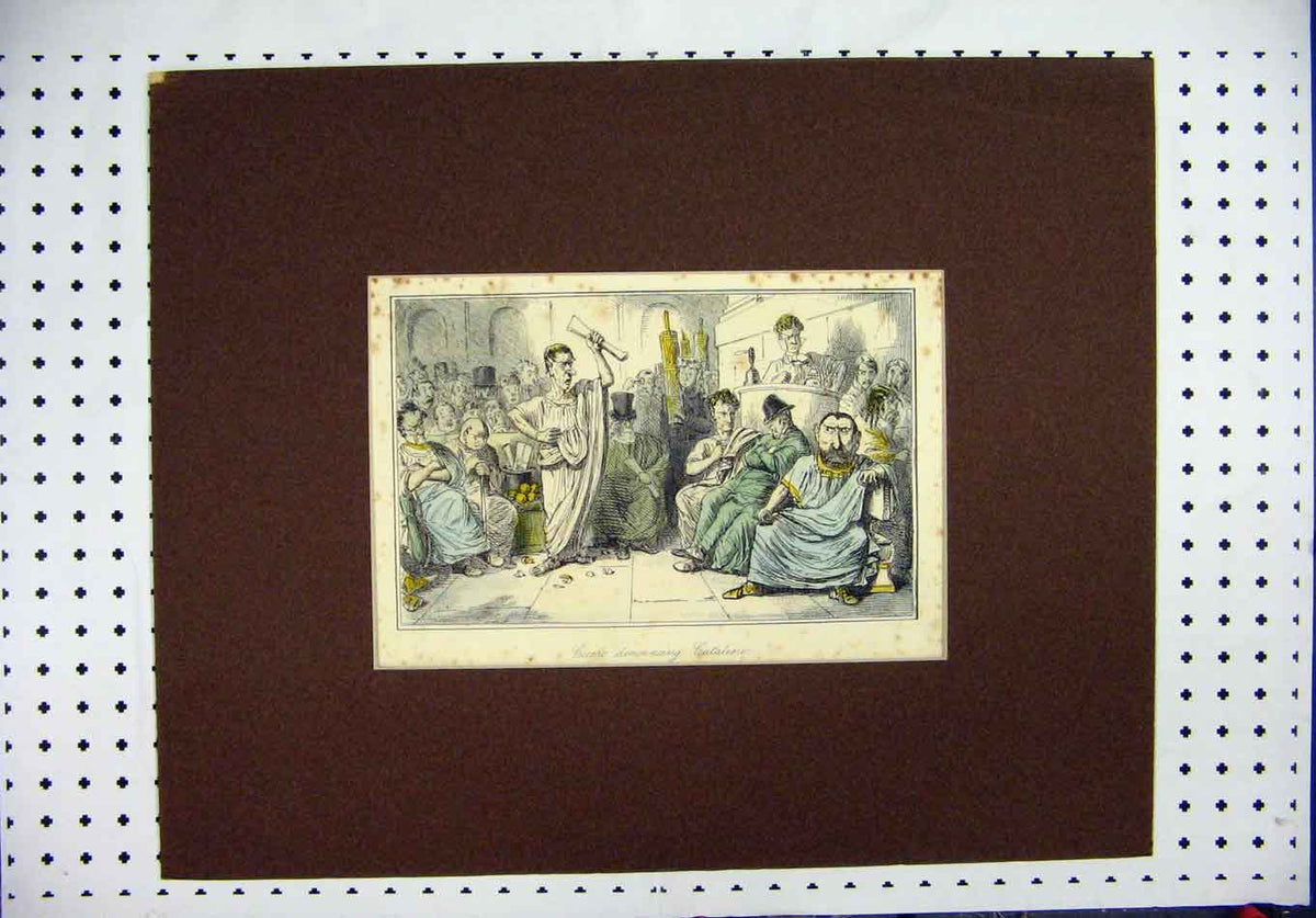 Original Old Antique Print Leech C1860 Colour Cicero Denouncing Cataline 19th