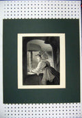Original Old Antique Print Engraving Beautiful Woman Window Margaretha