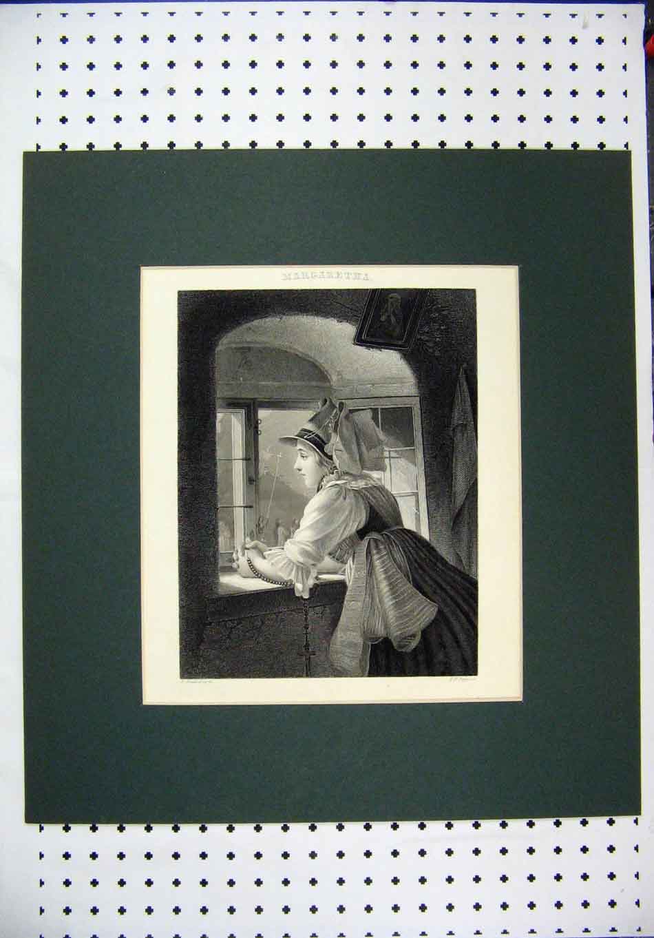 Original Old Antique Print Engraving Beautiful Woman Window Margaretha