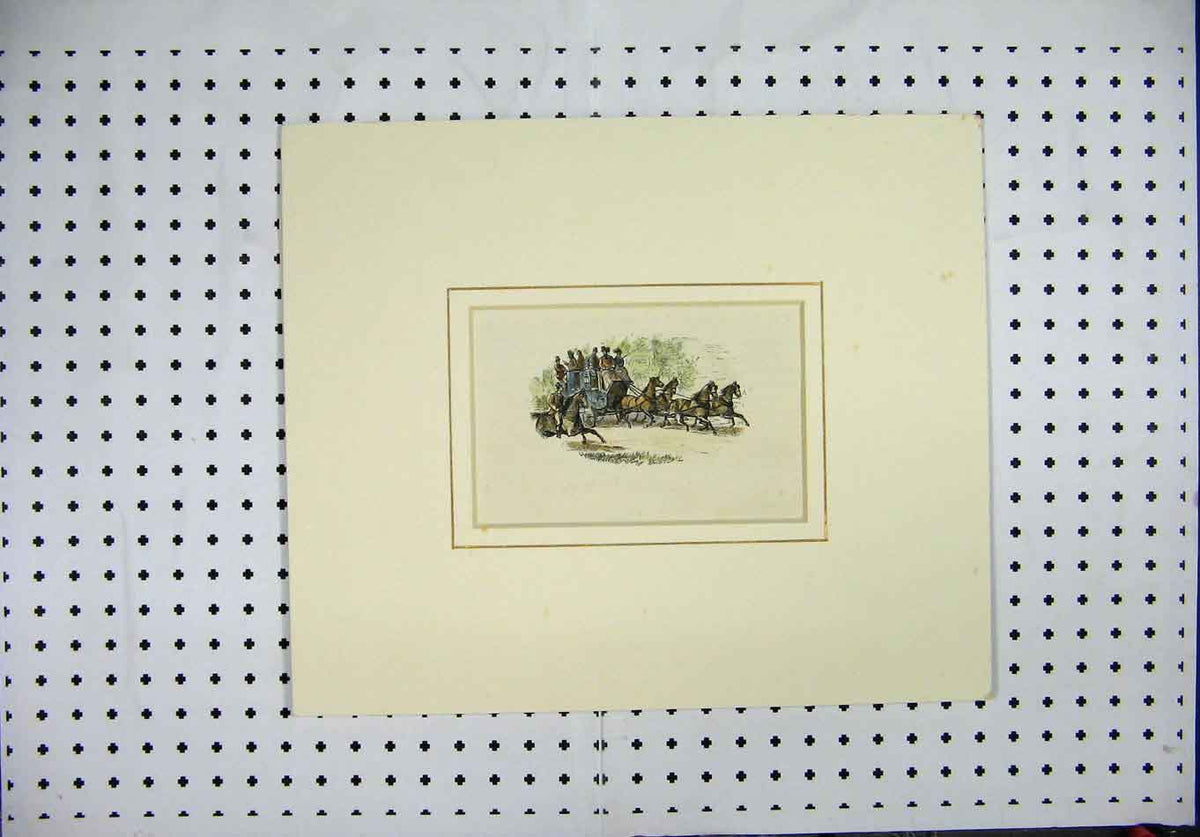 Original Old Antique Print C1880 Colour Mounted Frame Horses Carraige Victorian