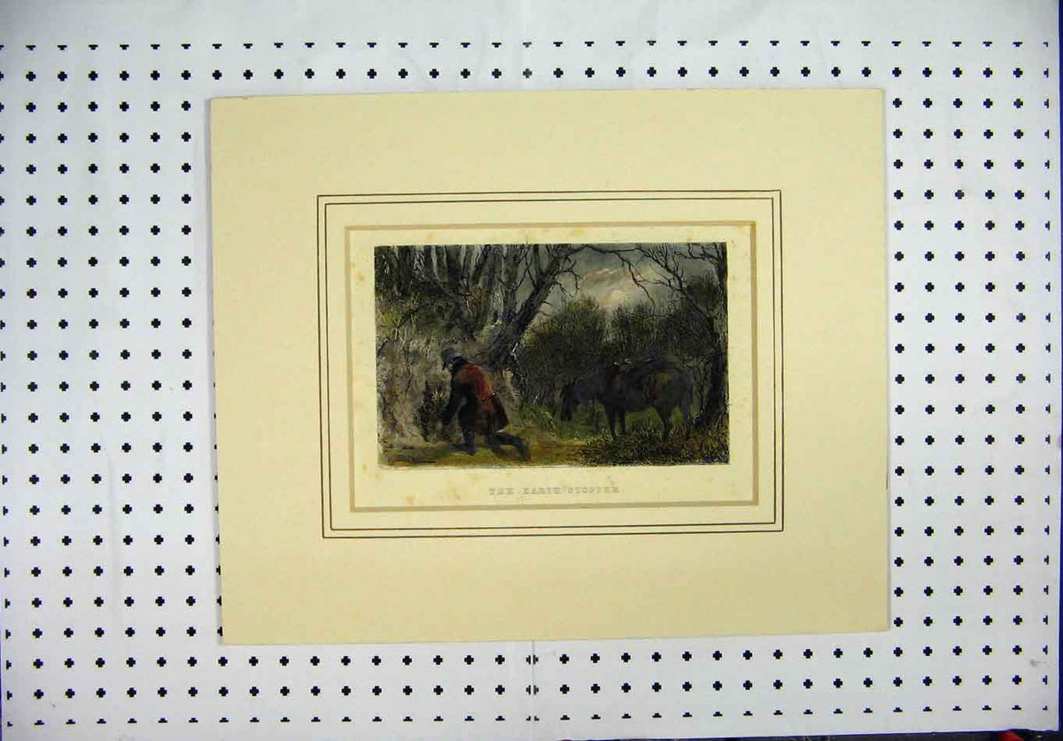 Original Old Antique Print Mounted C1850 Country Scene Man Horse Fire Rock 19th
