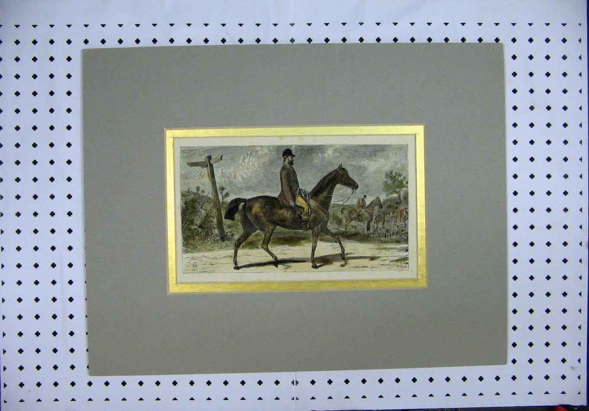 Original Old Antique Print C1880 Man Riding Horse Hunting Country Lane Colour