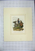 Original Old Antique Print C1840 Country Men Donkey Basket Smoking Pipe Colour