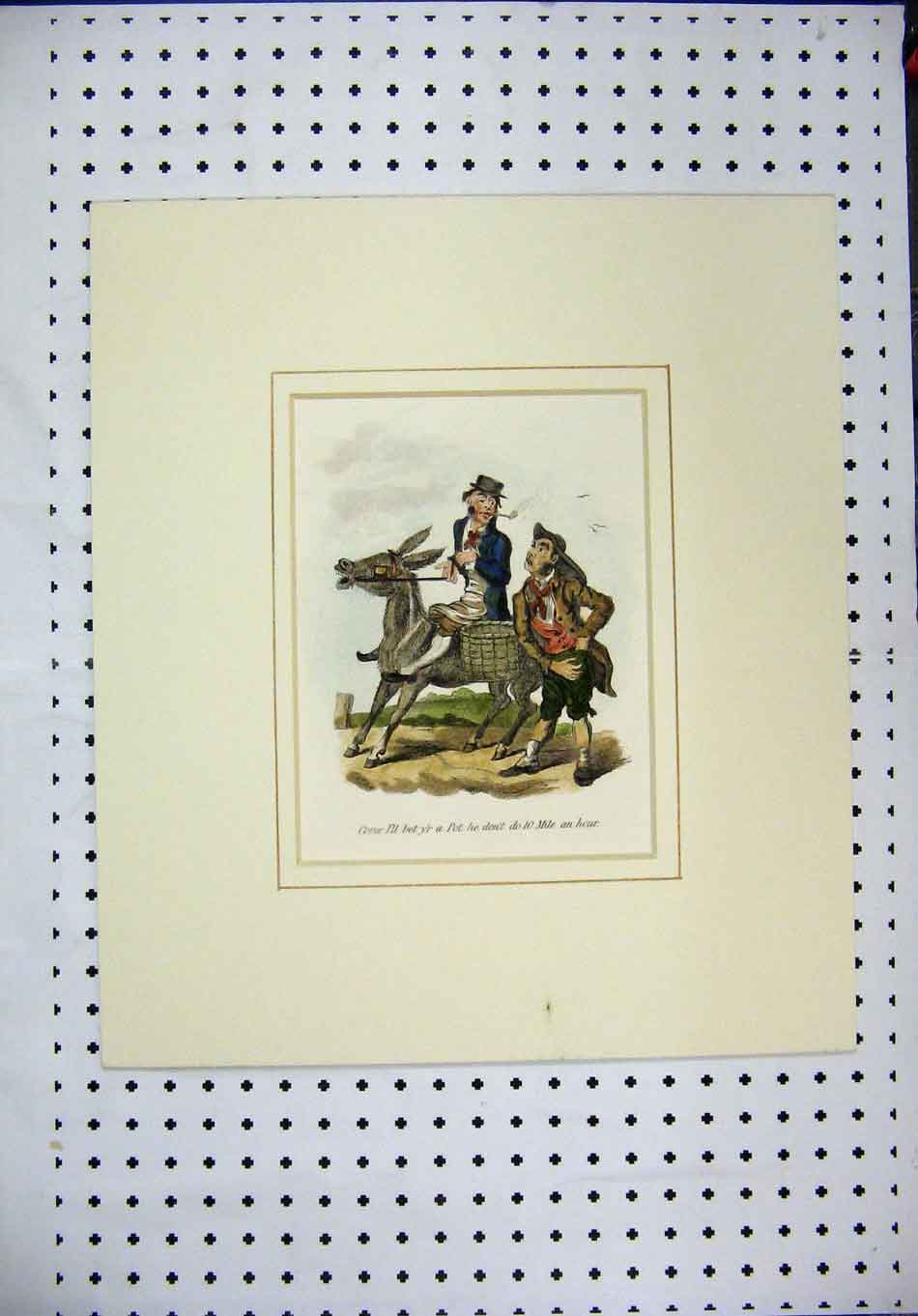 Original Old Antique Print C1840 Country Men Donkey Basket Smoking Pipe Colour
