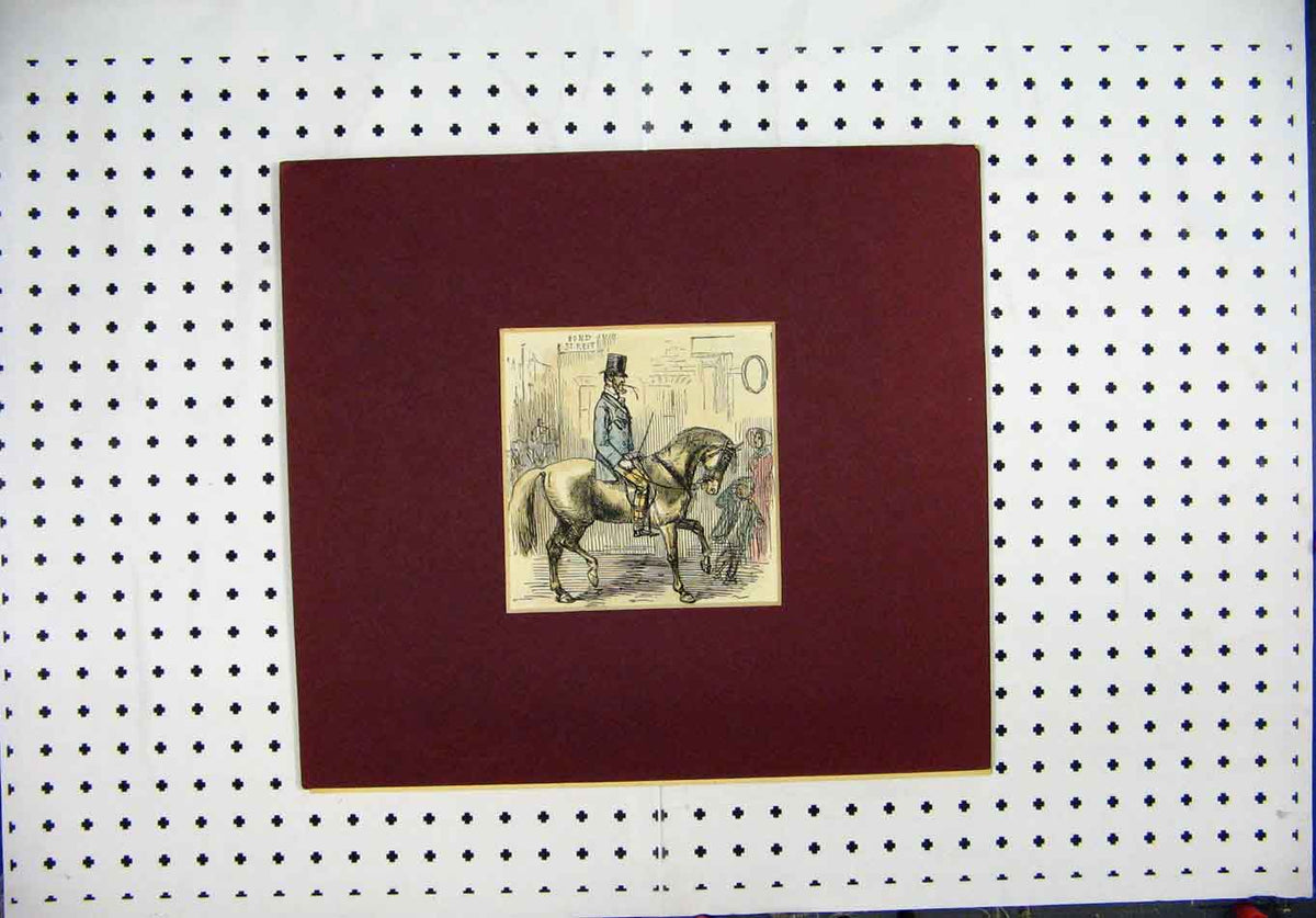 Original Old Antique Print Hand Coloured Man Horse Street Scene