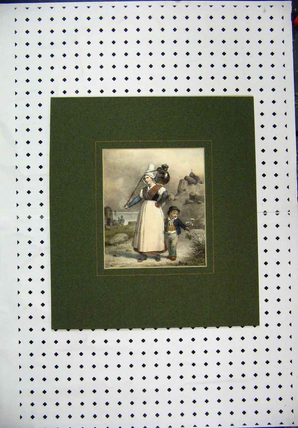 Original Old Antique Print Hand Coloured C1850 Woman Water Carrier Young Boy