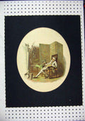 Original Old Antique Print Hand Coloured Man Sleeping Chair Screen