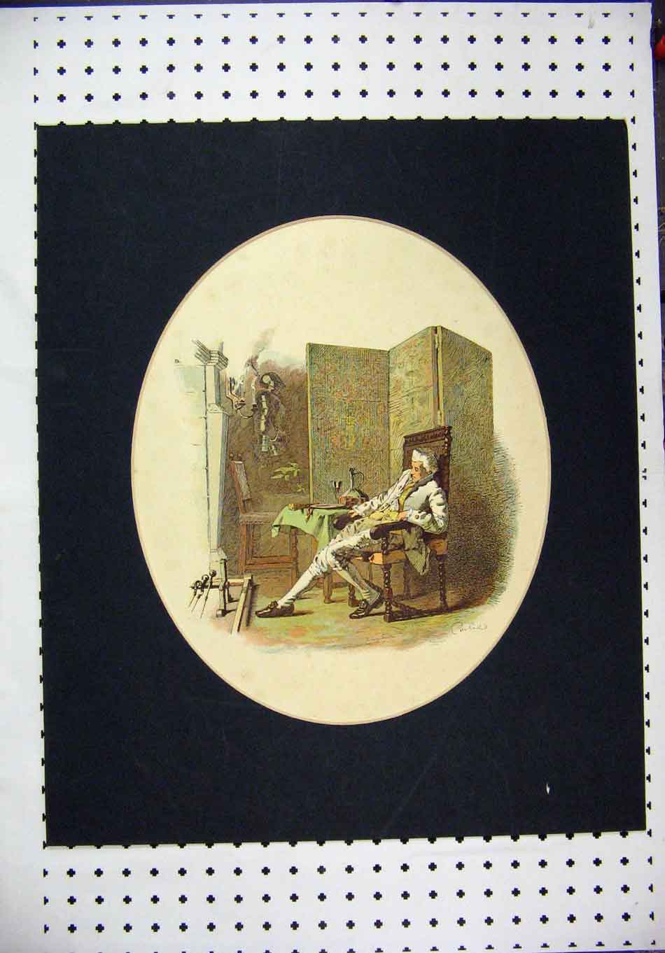 Original Old Antique Print Hand Coloured Man Sleeping Chair Screen