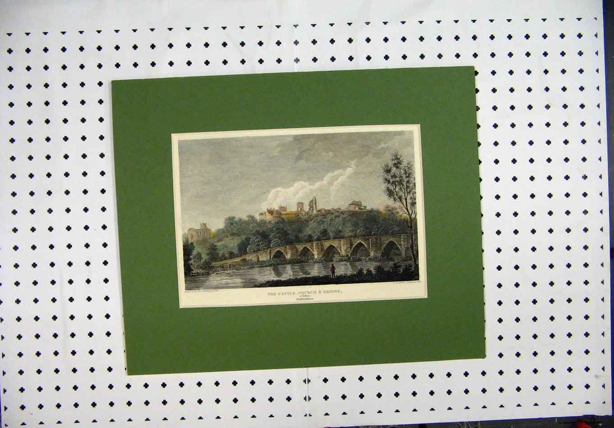 Old Antique Print C1840 Castle Church Bridge Staffordshire Hand Coloured 19th