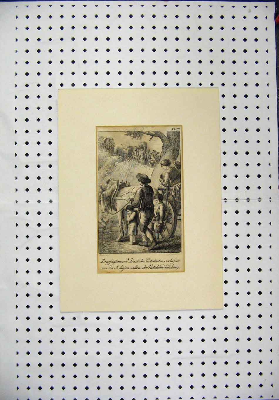 Original Old Antique Print Engraving Germany Family Horse Cart Salzburg
