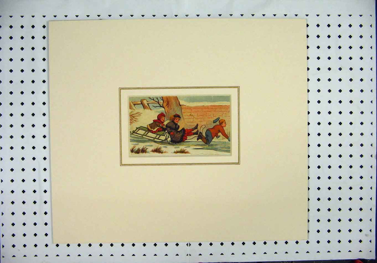 Original Old Antique Print Colour Children Sledge Snow Falling Garden Wall