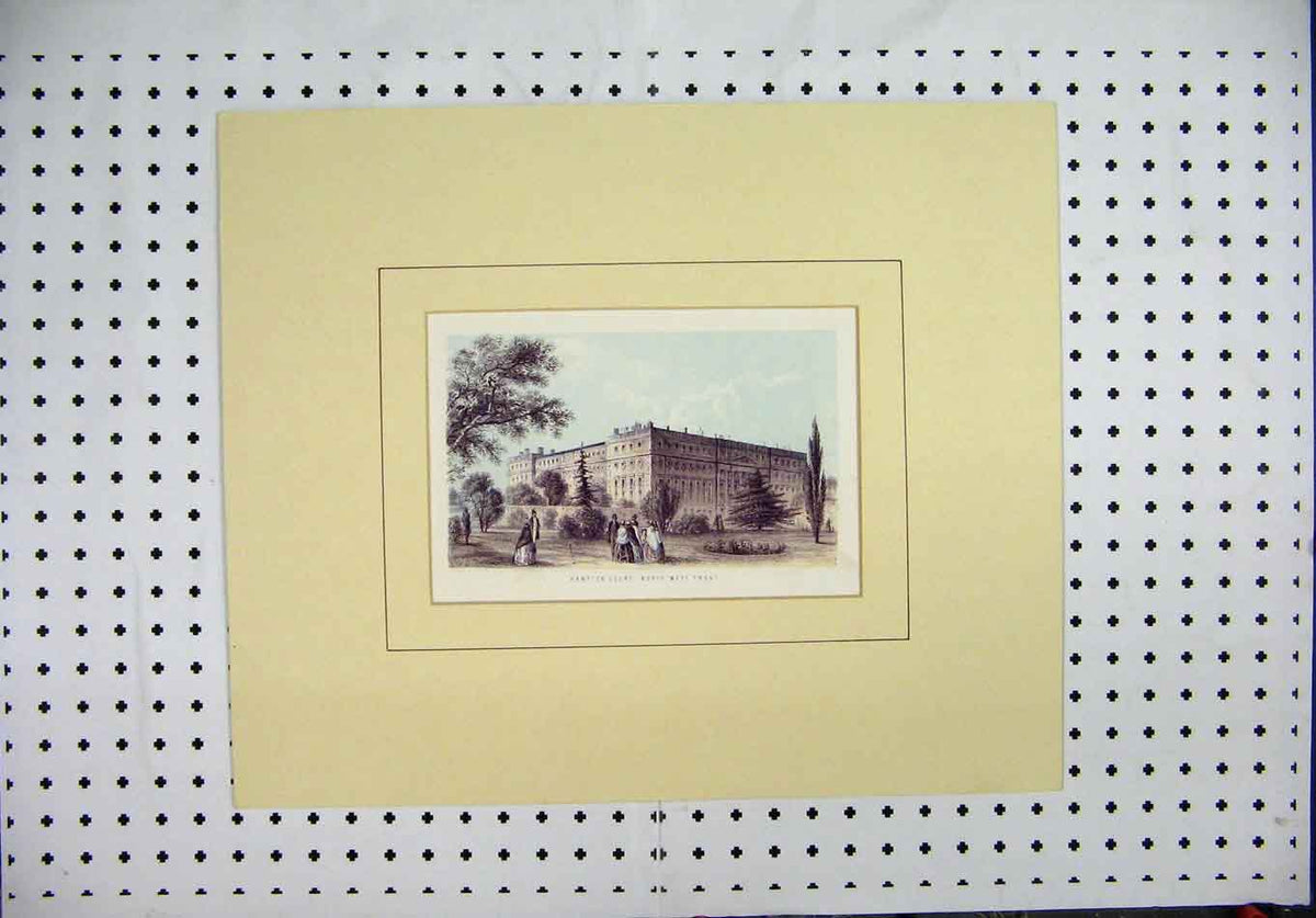 Original Old Antique Print Colour View Hampton Court North West Front
