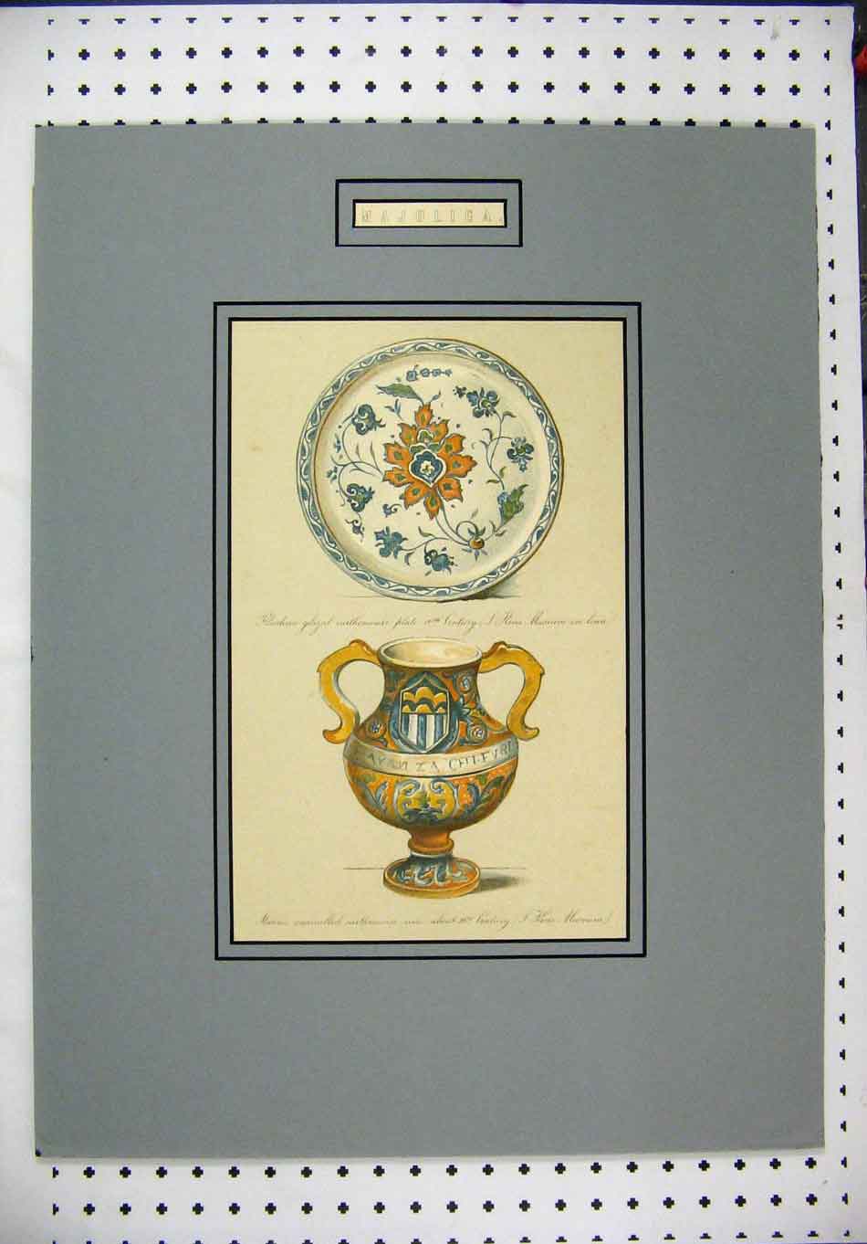 Old Antique Print Cromolithograph C1885 Rhodian Plate Italian Jug Colour 19th