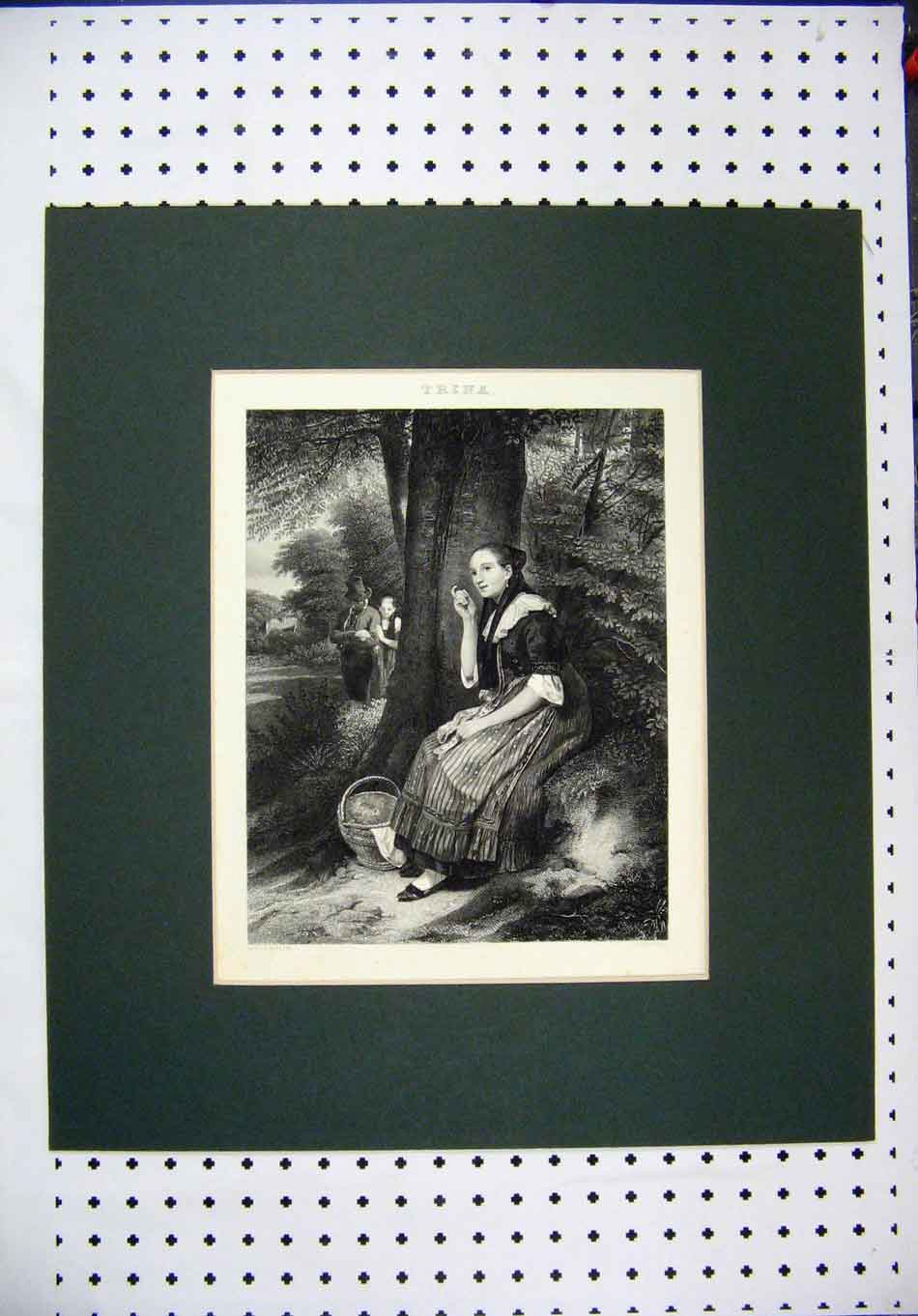 Original Old Antique Print Engraving Beautiful Woman Sitting Tree Basket Trina
