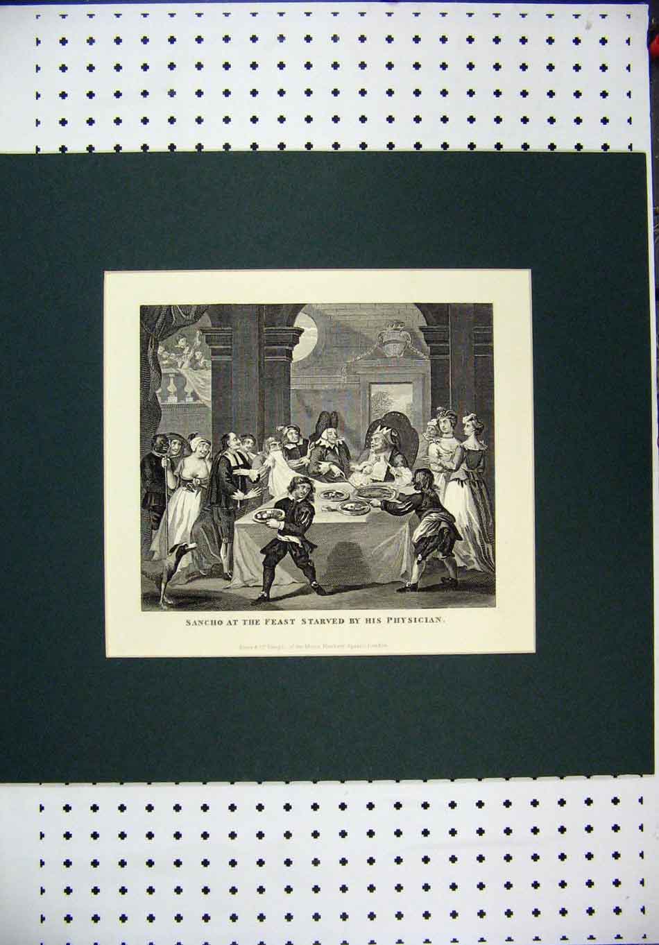 Old Antique Print C1850 Engraving Sancho Feast Starved Physician Dinner 19th
