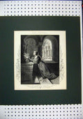 Original Old Antique Print Engraving Woman Offering Flowers Church Payne