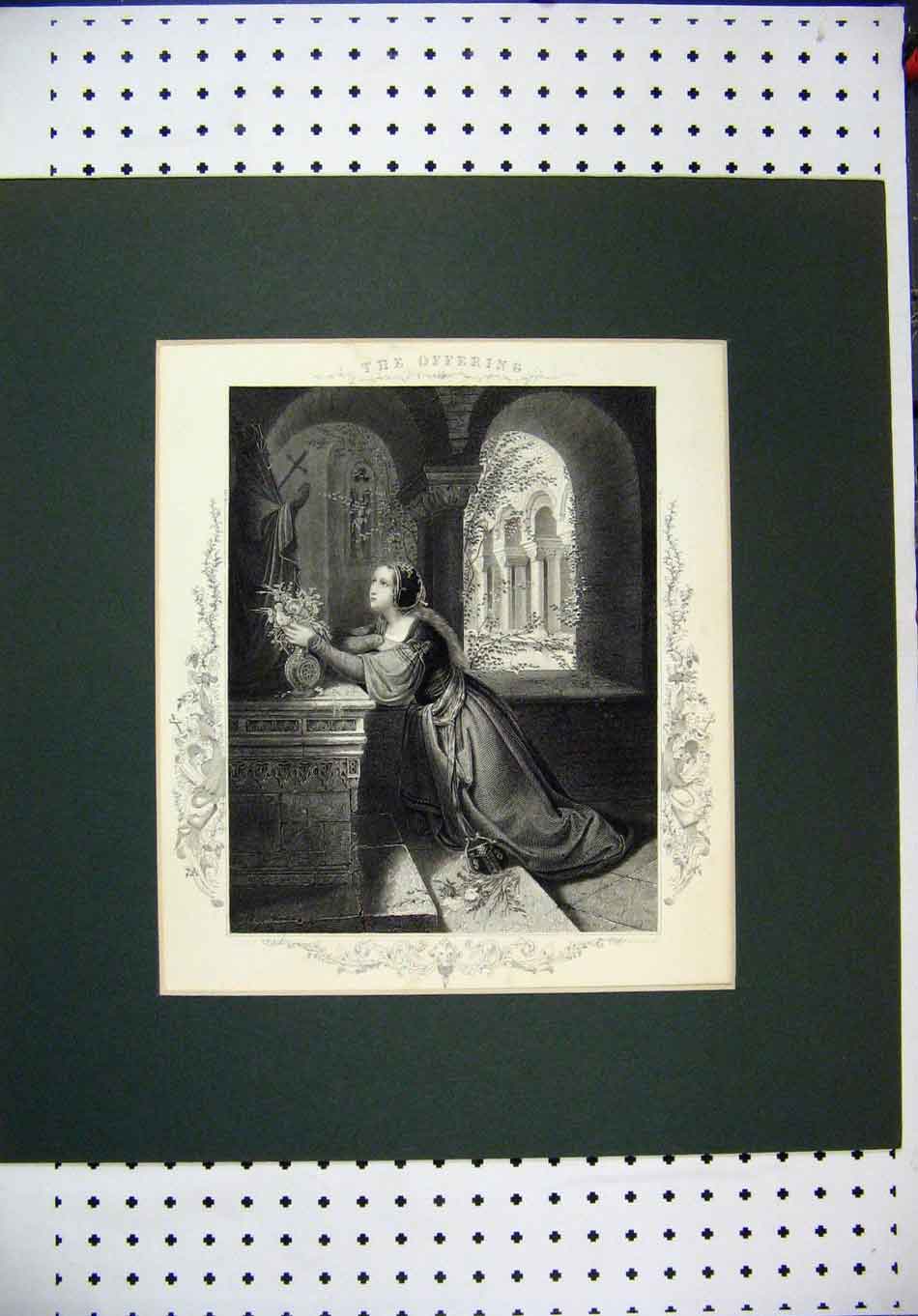 Original Old Antique Print Engraving Woman Offering Flowers Church Payne