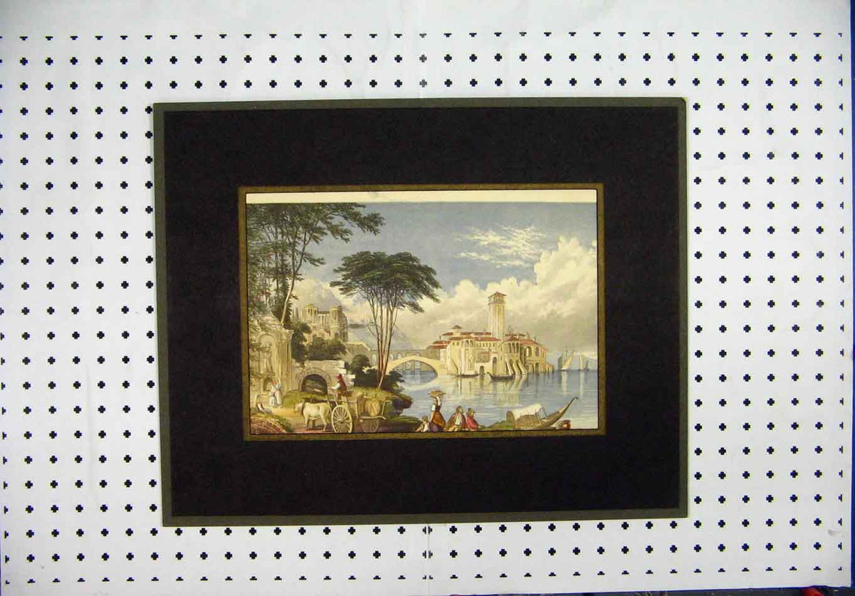 Original Old Antique Print Colour Village Scene Cow Cart Bridge Sea Boat