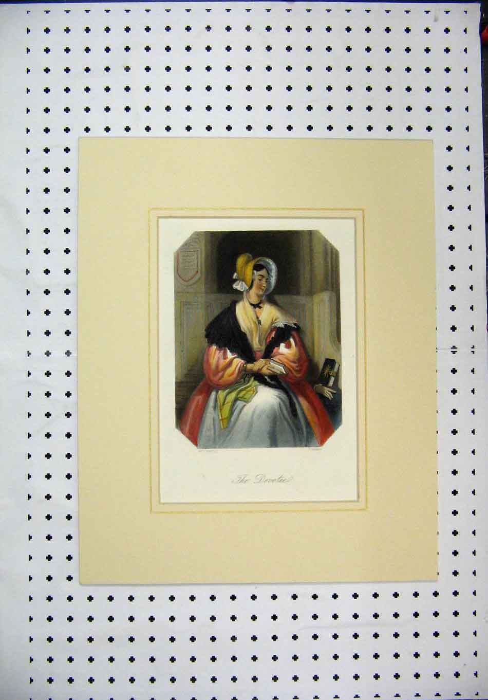 Original Old Antique Print C1840 Colour Woman Book Hat Cloak Jenkins Victorian