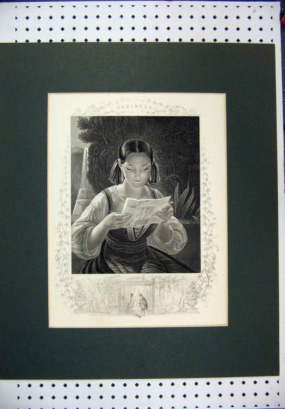 Original Old Antique Print Portrait Beautiful Woman Reading Letter Cadinela