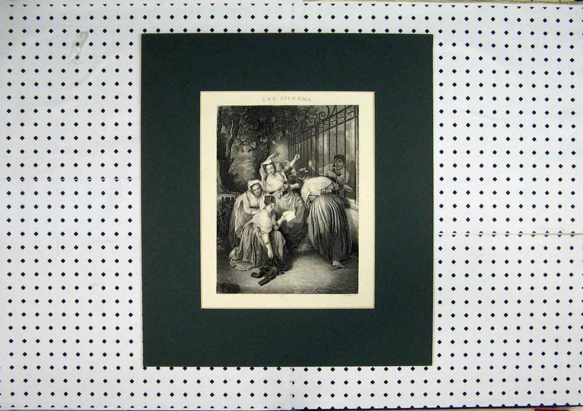 Original Old Antique Print Engraving Woman Man Railings Romance Letter