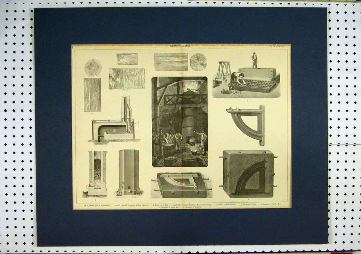 Original Old Antique Print Iron Casting Cupola Furnaces Mould Puddled Bar
