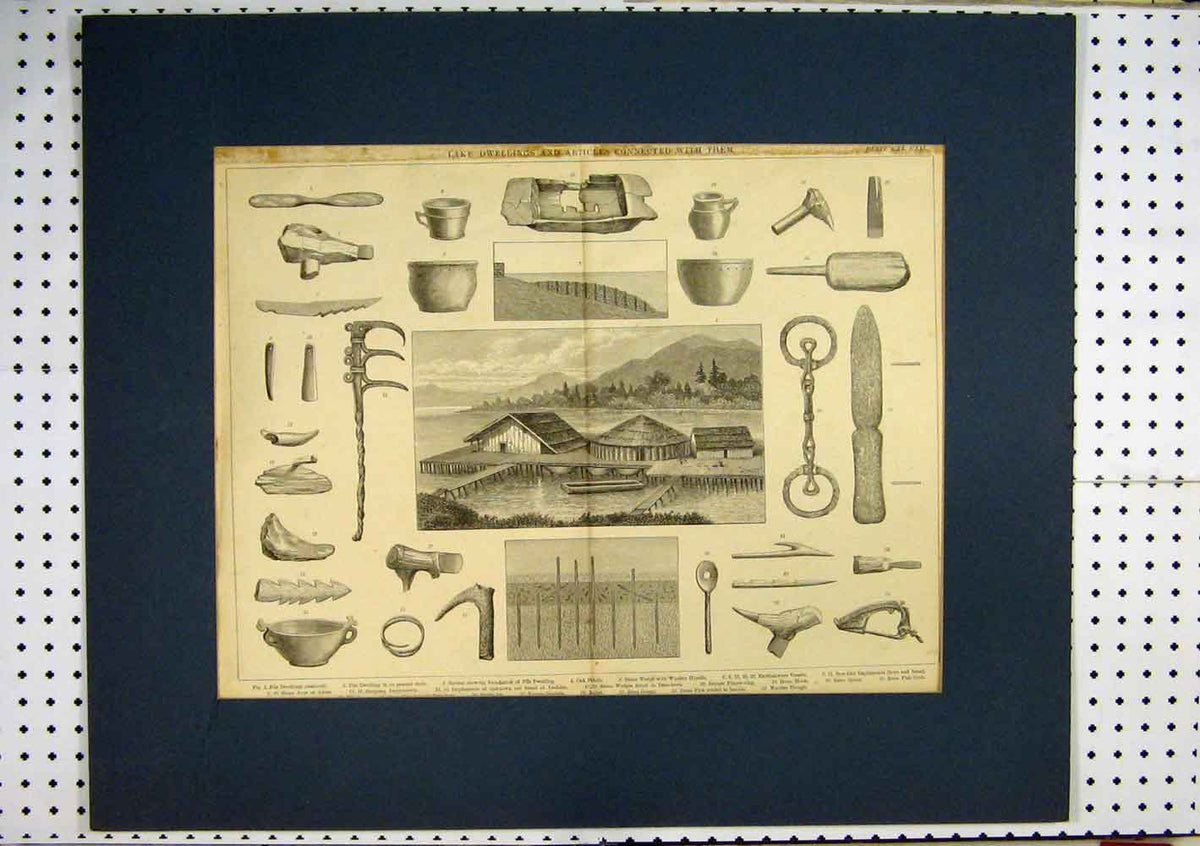 Old Antique Print Lake Dwellings Pile Earthenware Vessels Bone Fish-Hook