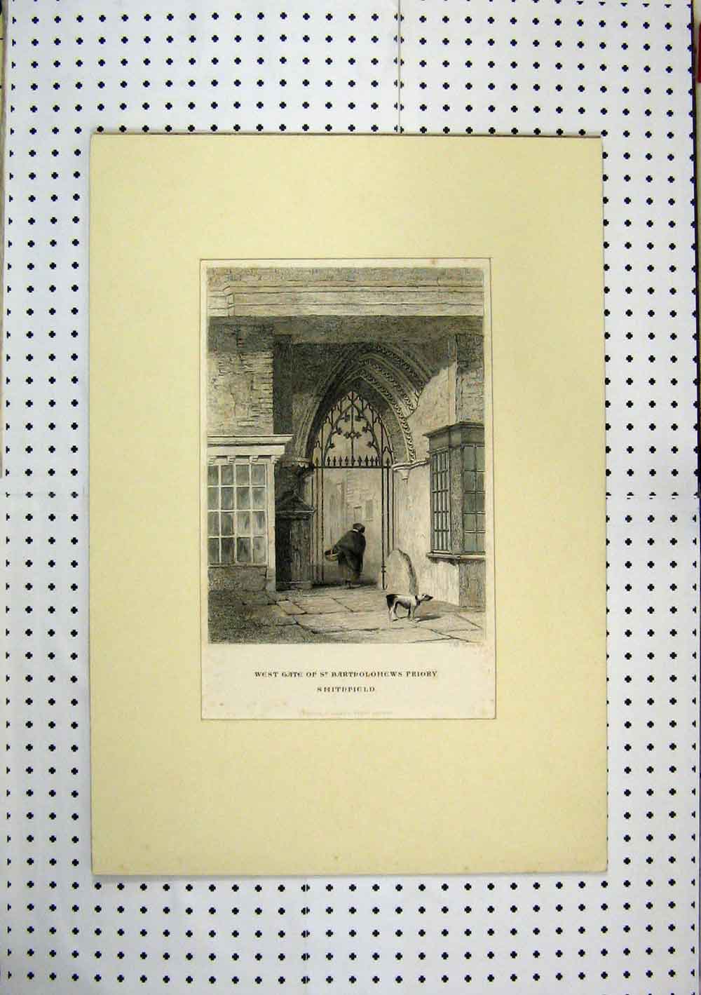 Original Old Antique Print Colour West Gate St Bartholomews Priory Church