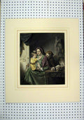 Old Antique Print C1860 Hand Coloured Man Woman Young Girl Sitting Table 19th