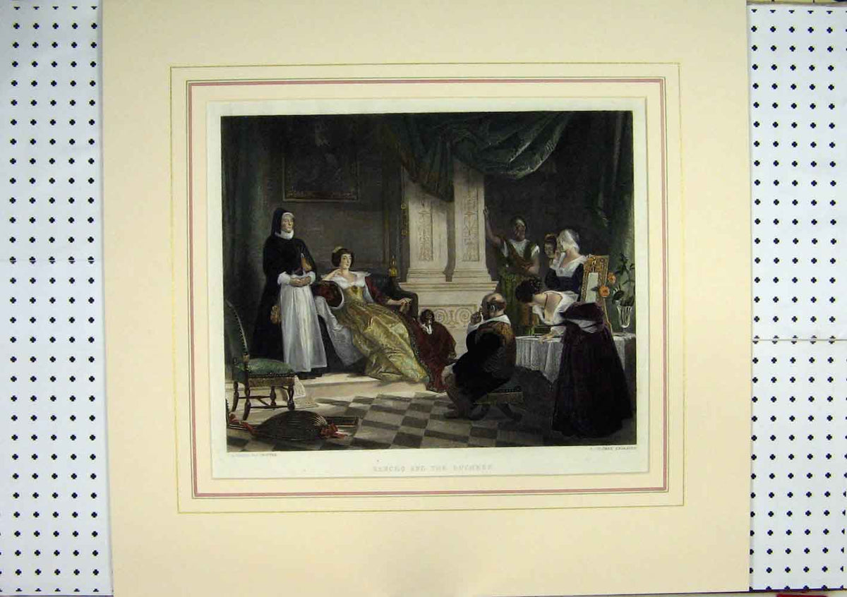 Original Old Antique Print C1840 Hand Coloured Sancho Duchess Servants Staines