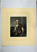 Original Old Antique Print C1860 Hand Coloured Flower Girl Beautiful Woman 19th