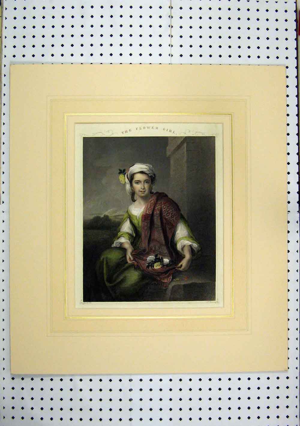 Original Old Antique Print C1860 Hand Coloured Flower Girl Beautiful Woman 19th