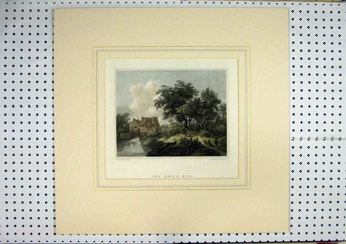 Original Old Antique Print C1840 Hand Coloured View Water Mill Country Jeavons