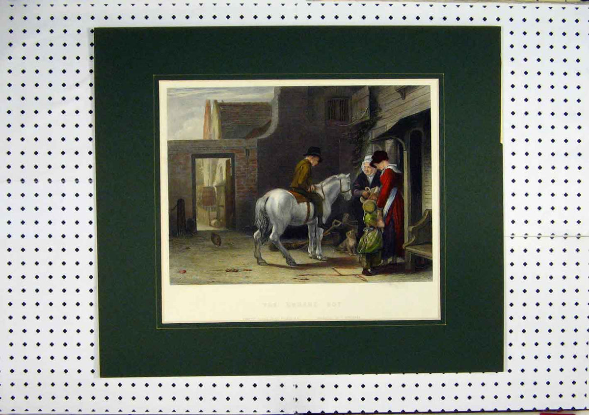 Original Old Antique Print C1860 Hand Coloured Errand Boy Horse Dog Chicken