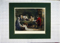 Original Old Antique Print C1860 Hand Coloured Baby Crib Family Man Reading