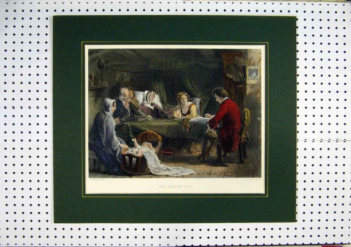 Original Old Antique Print C1860 Hand Coloured Baby Crib Family Man Reading