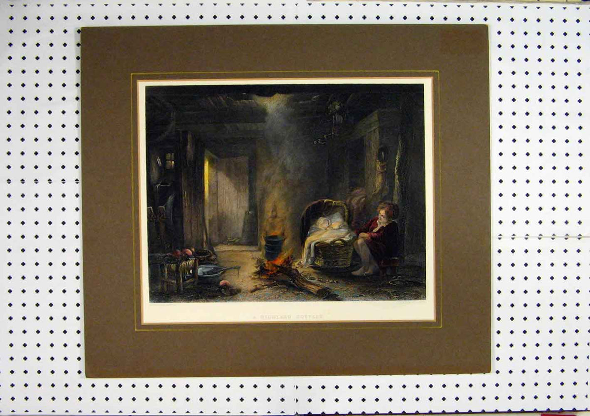 Original Old Antique Print Scene Highland Cottage Baby Fire C1860 Hand Coloured