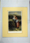Old Antique Print Woman Child Country Fence Resting C1860 Hand Coloured 19th